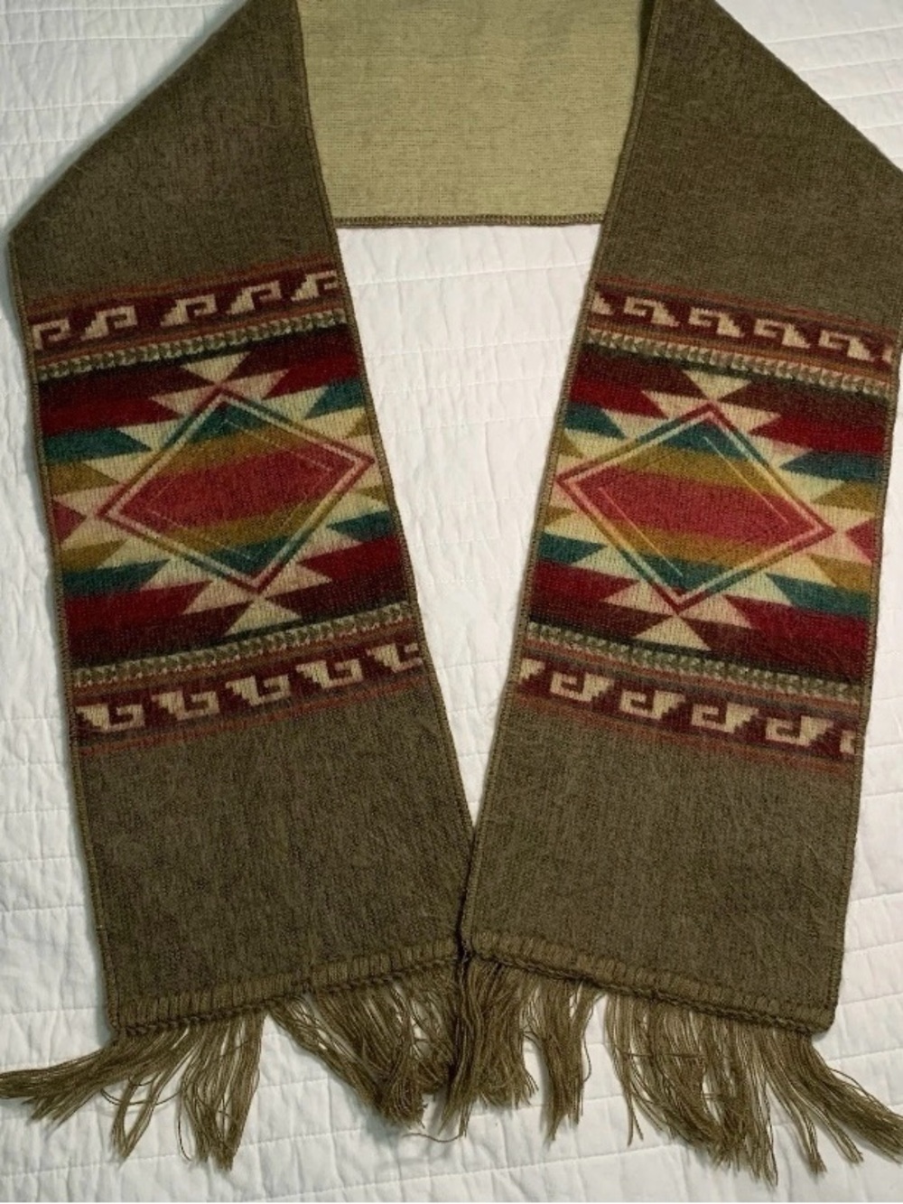 Alpaca Wool Women's Scarf Taupe Brown Fringe Southwestern Aztec 60"x8"